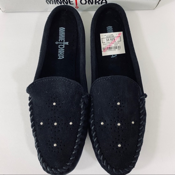 minnetonka suede moccasin mule with studs